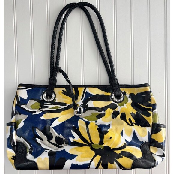 Brighton Coated Canvas Shoulder Bag Yellow & Blue Floral Blooms w/ Leather Trim - Picture 1 of 11